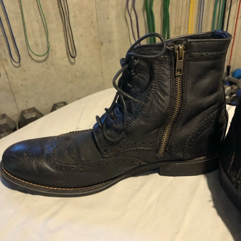 Rockport Black Leather Wingtip Zip Lace Boots
